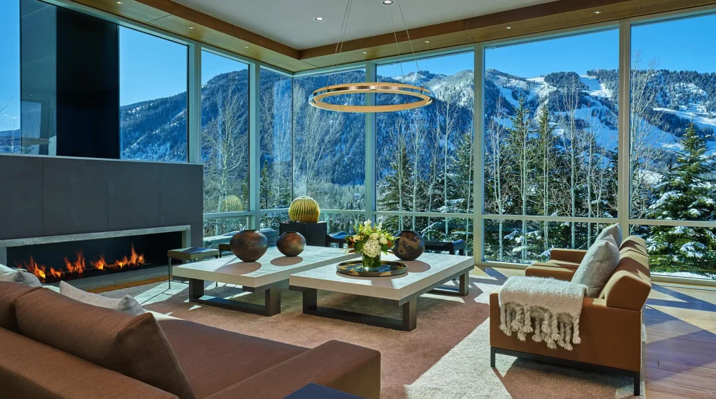 Interior living room area with fireplace and large windows overlooking snowy mountains at Smuggler Mountain Residence