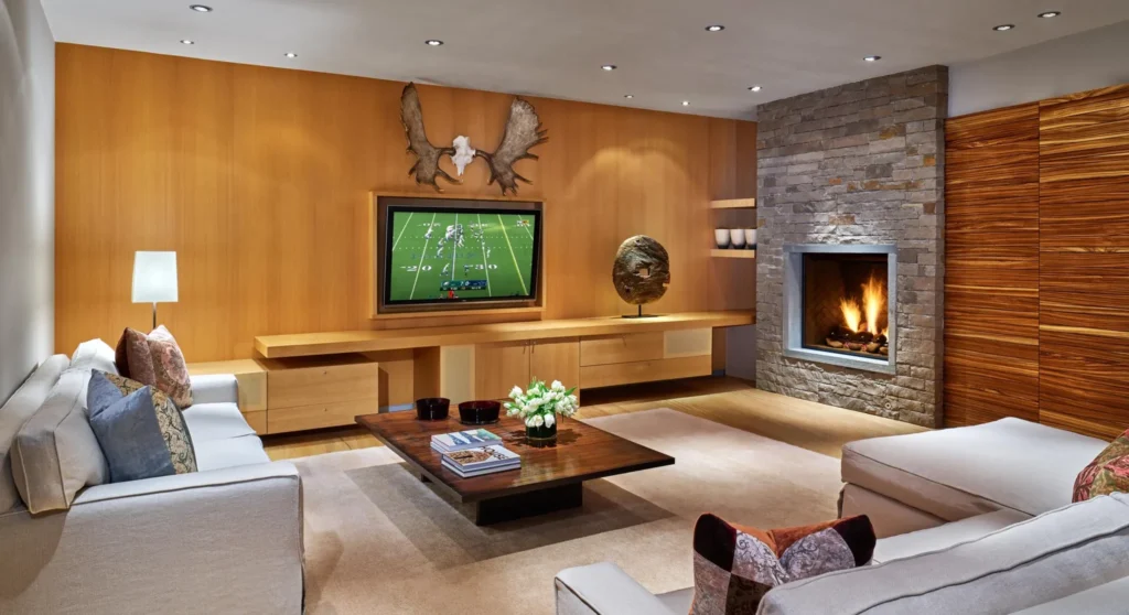 Interior living area with fireplace and football being played on large screen tv at Smuggler Mountain Residence